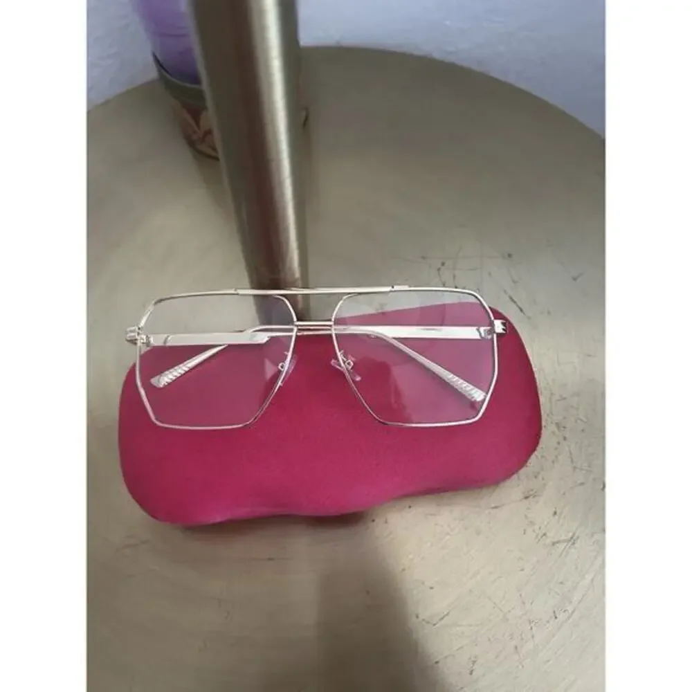 Gold Oversized Metal Frame Glases And Velvet Case Decorative Prescription